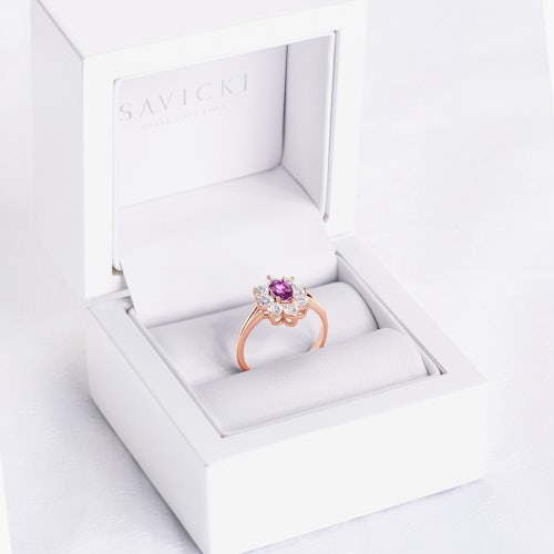 Pierścionek zaręczynowy SAVICKI: różowe złoto, różowy szafir, białe szafiry